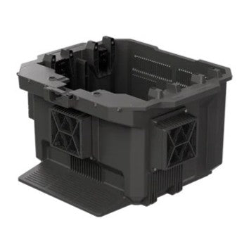 Black plastic component on a white background