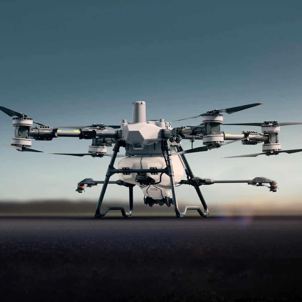 Large drone with multiple rotors on a clear sky background